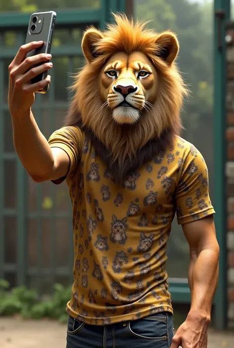 Create an image of a teenager with a lion&#39;s head and a human body, standing in front of a zoo taking a selfie, wearing an animal-print shirt, and holding a phone while live streaming.