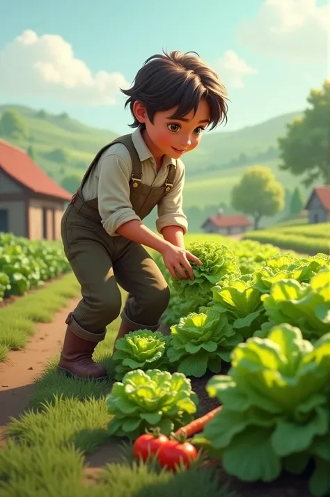 Create an image of a character in the countryside, picking lettuce 