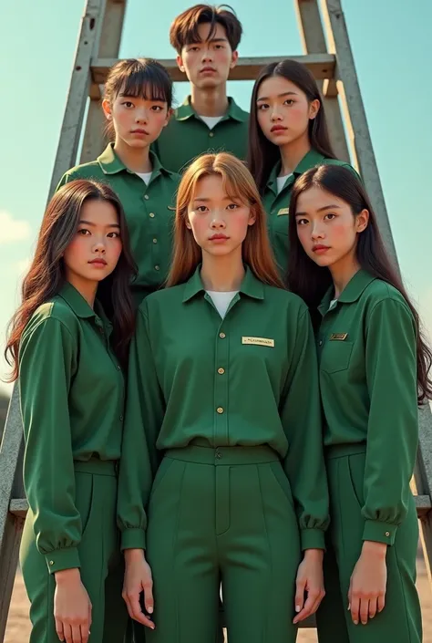 Realistic image of 6 teenagers, 3 women and 3 men wearing the same green uniform. One of the women is fat and one of the men has long hair.. There are 6 people. on a ladder