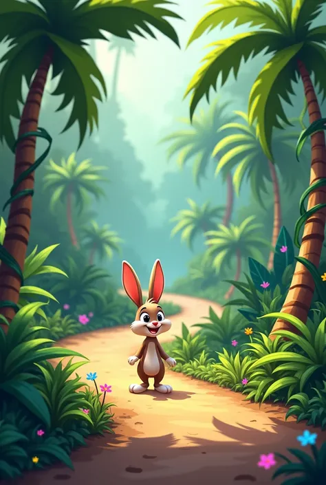 Cartoon rabbit is standing and  looking behind
in race track in the jungle
