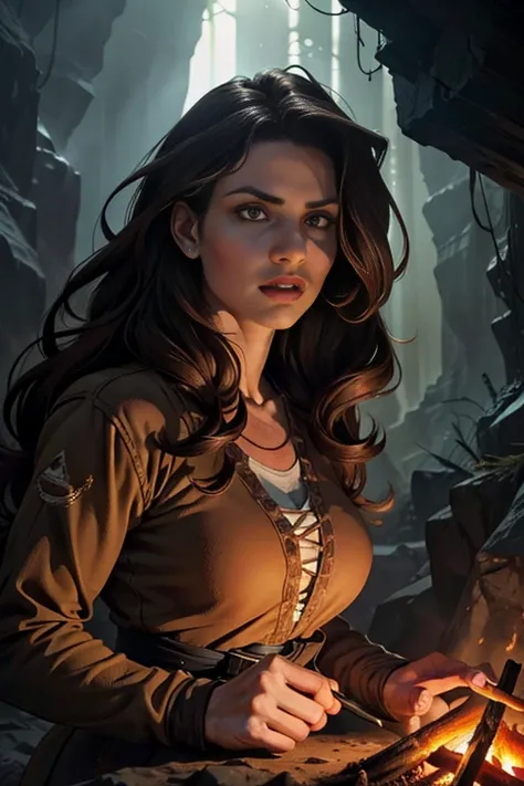 a woman of the caves, long curly unkempt hair, dark brown eyes, athletic build, wearing tanned animal hide clothing, looking directly at the viewer, prehistoric setting, cold cave with a campfire nearby, expressive gaze, anatomically correct, masterpiece, ...