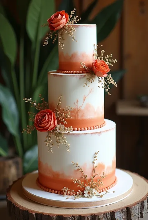 make me a weding cake with white and terracotta colors bohemian style

