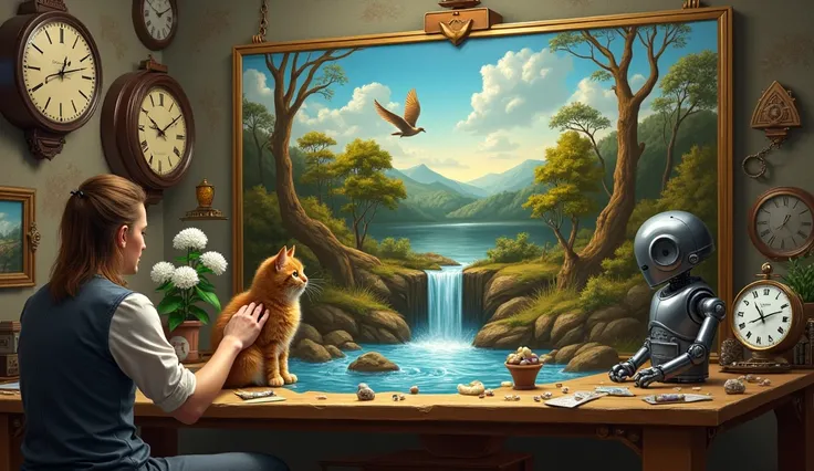 Un artiste peintre assis devant sa peinture placée sur le chevet et le paysage qui sort du tableau, le tout dans son atelier ,leau coule dû tableau sur la table et un chat essaie dattraper un oiseau sorti du tableau et un robot essaie de sortir du tableau ...