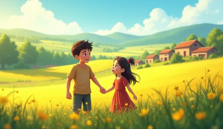 A beautiful rural landscape, where a simple village boy and a cheerful girl are standing on the edge of a field blooming in golden sunlight. There is a glimpse of confidence and love on the faces of both. In the background are the mud houses of the village...