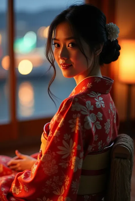 photorealistic, solo, beautiful Japanese nude woman, traditional kimono, natural figure, soft smile, impressive gaze, traditional hairstyle, Japanese room at dusk, sitting by the window, illuminated by city lights, (attractive pose), professional photograp...