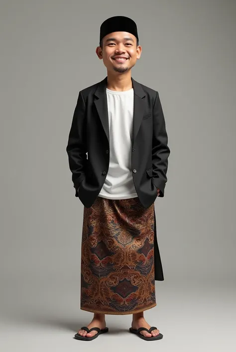 real realistic 4D caricature photos, an a Adult male with an Indonesian face, 30 years old,clean,Wearing a black blazer,Clean face, oval face, wearing black skull cap ,wearing a white Muslim Koko shirt, wearing a batik patterned sarong, flip-flops,Standing...