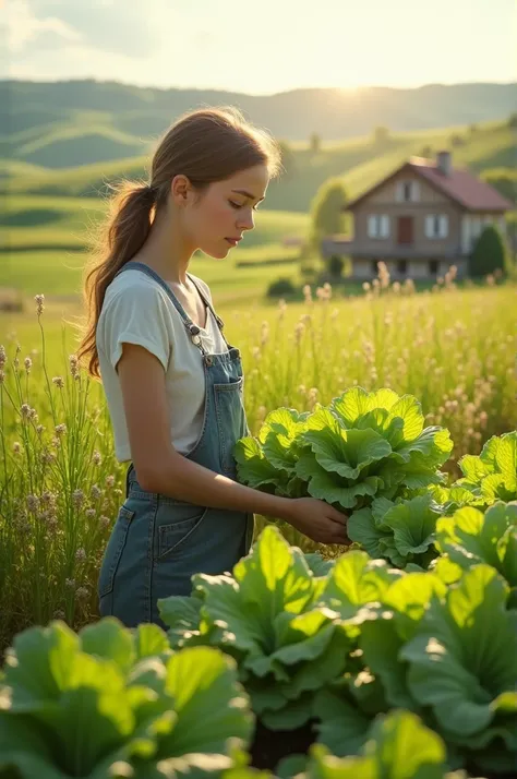 Create a character for me, a young woman in the countryside, picking lettuce 