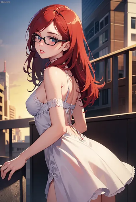 1girl, beautiful detailed eyes, beautiful detailed lips, extremely detailed face, long eyelashes, redhead, sexy body, short clothes, glasses, back facing camera, looking at viewer, outdoors