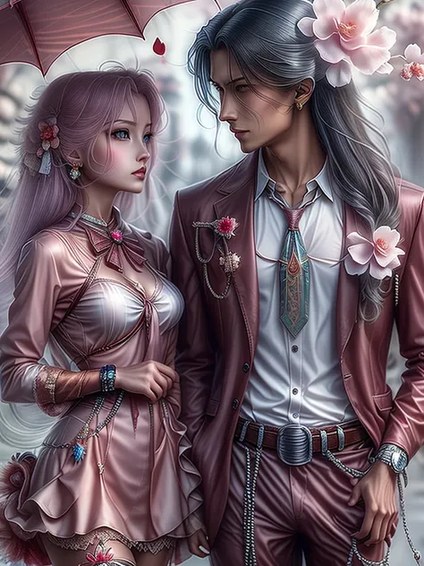 there is a woman with a pink dress and a pink umbrella with a young handsome Korean man ,sweet couple,fantasy, a beautiful artwork illustration, alphonse mucha and rossdraws, digital art on pixiv, anime fantasy illustration, beautiful anime artwork, ethere...