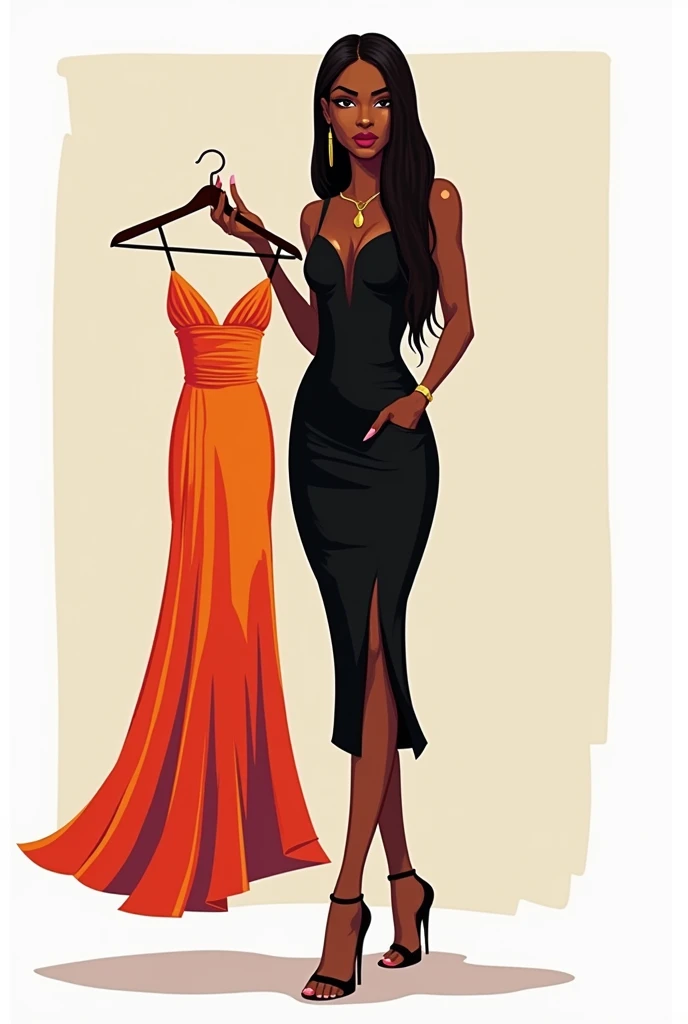 Beautiful American Afro fashion gig hadid  women with long silky straight hair and wear black dress and holding Hanger with colorful maxi dress in hand and wear heel and long beautiful nails full image clipart