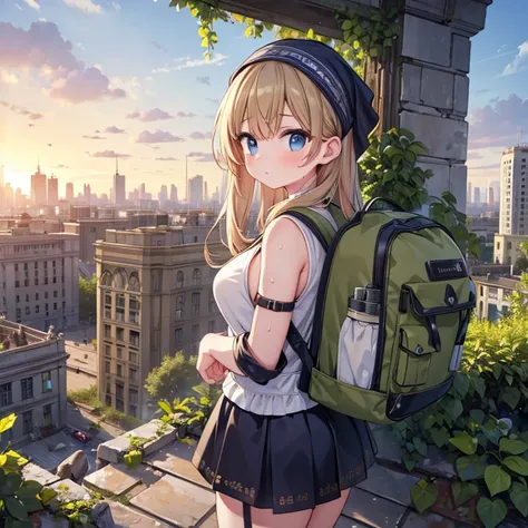 ((masterpiece, Best Quality, Ultra high definition)), One girl, solo, bandana,City in Ruins,Ivy-covered ruins,Backpacks,sweat,Character profile, Wide-angle shot, 