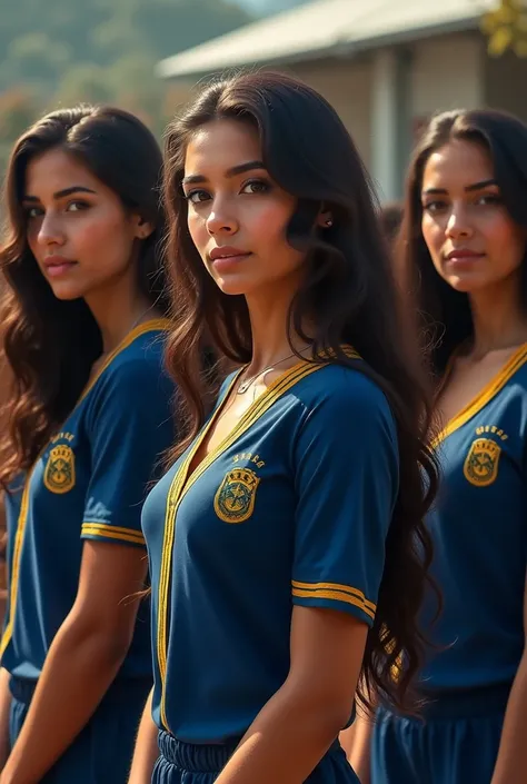 Realistic image of Brazilian teenagers, 3 beautiful women and 3 beautiful men with long hair wearing the same dark blue and gold uniform. One of the women is fat and one of the men has long hair.. 