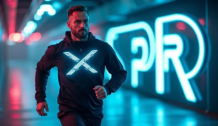 In this image, a man is seen wearing a modern sportswear outfit with the SXR logo on his chest, which appears to have LED lights on the sides. He is seen running in a neon-lit area, with the logo on it. "SPR" Large, glowing figure behind him. This man look...