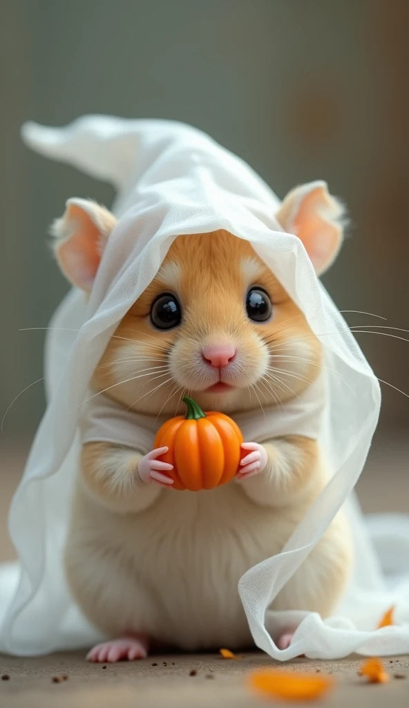 A tiny hamster dressed in a ghostly sheet, holding a mini pumpkin in its tiny paws as it looks cutely.