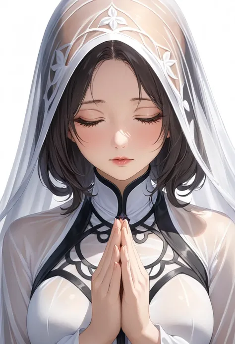 Ultra HD、A Widow Praying、White background、Facing forward、See-through costume、Close-up from chest up、underwear、Realistic painting