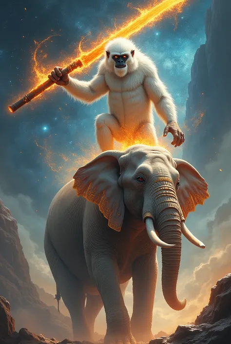 White monkey 
with giant lava blade riding a cosmic elephant 
