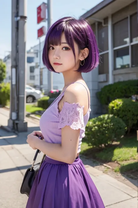 A cute girl with short purple hair