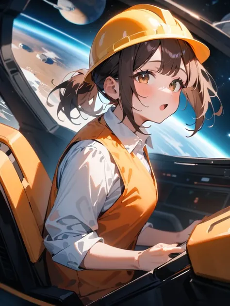 masterpiece, best quality, very aesthetic, absurdres, newest, asymmetrical bangs, tareme, 1girl, solo, looking at viewer, open mouth, bangs, brown eyes, shirt, brown hair, ponytail,wearing orange safety vest, (wearing yellow safety helmet), sitting, planet...