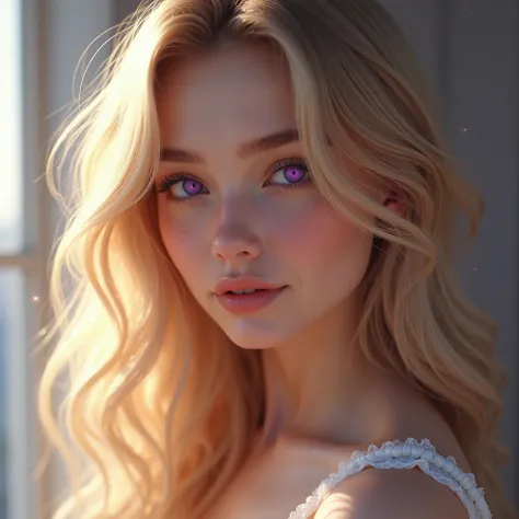 1female, handsome,Solo, High Resolution, Blonde Hair, Hair Between Eyes, Purple Eyes, Blush, Light Smile, From Side, Sparkle, 8K Octane, 