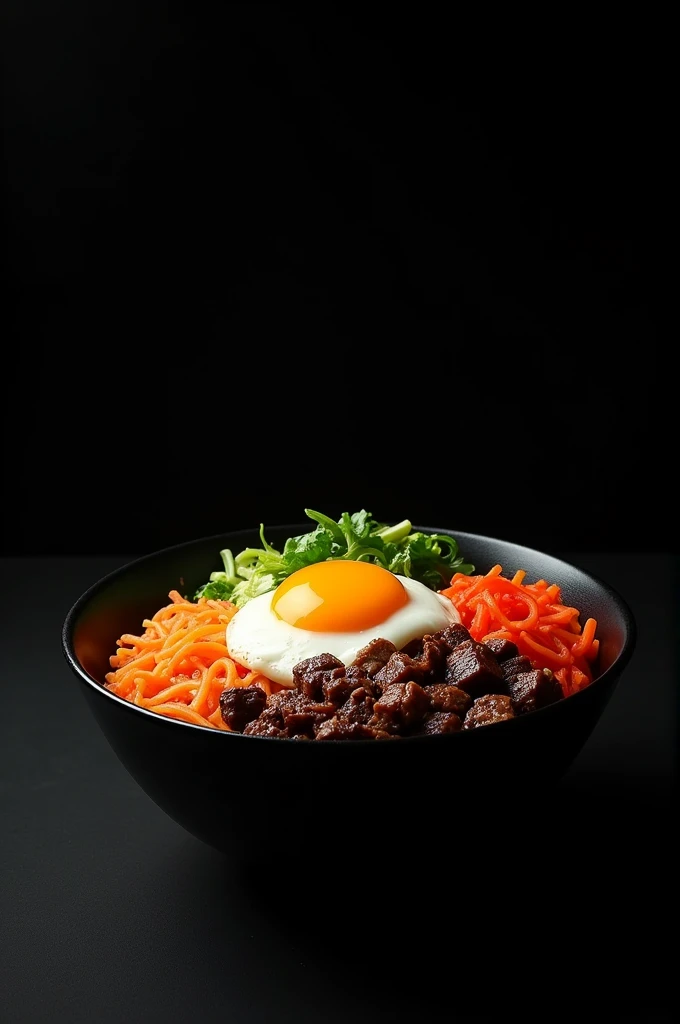 Photo that shows well korean dish bibimbap completely black background