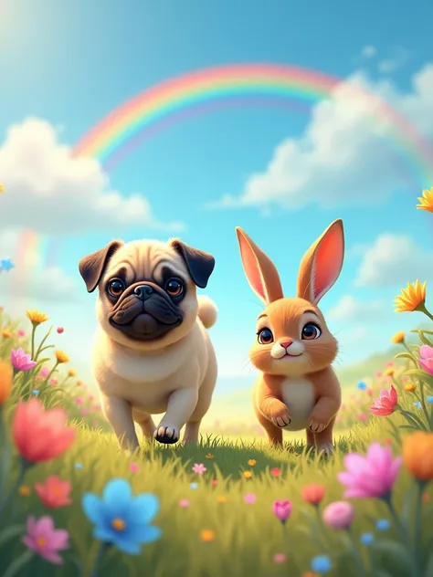 A pug-pomeranian mix dog with droopy ears、Pug Pomeranian mix dog with standing ears。In the middle is a brown lop-eared rabbit.、Walking happily through the flower fields。There are lots of flowers blooming、Blue sky with a rainbow。