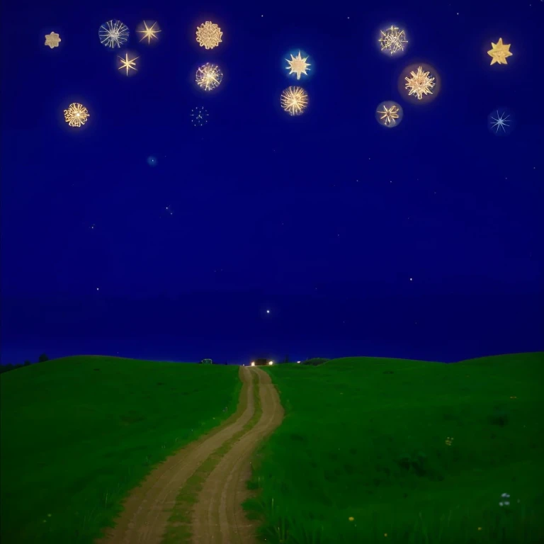 a trail in a meadow on a starry night, stars shaped like cogwheels, beautiful detailed night sky, glowing stars, cogwheel stars, fantasy landscape, detailed foliage, lush greenery, rolling hills, peaceful atmosphere, soft lighting, cinematic lighting, high...