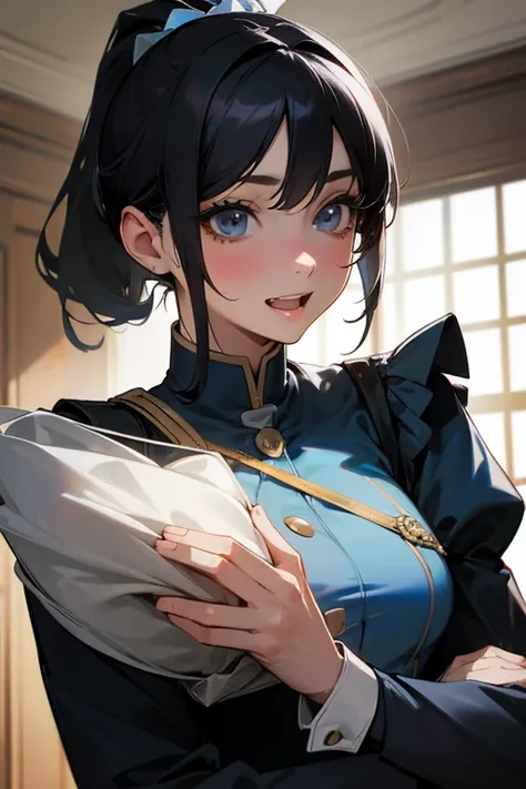 (Highest Resolution, Clear_image) Best Quality, single, One Woman, Alone, masterpiece, Very detailed, Somewhat realistic, Black Hairのショートヘア, Black Hair, bangs, 1, Mature, light blue Uniform, Uniform, Indoor Background, kind, Authoritative, Powerful, Exquis...