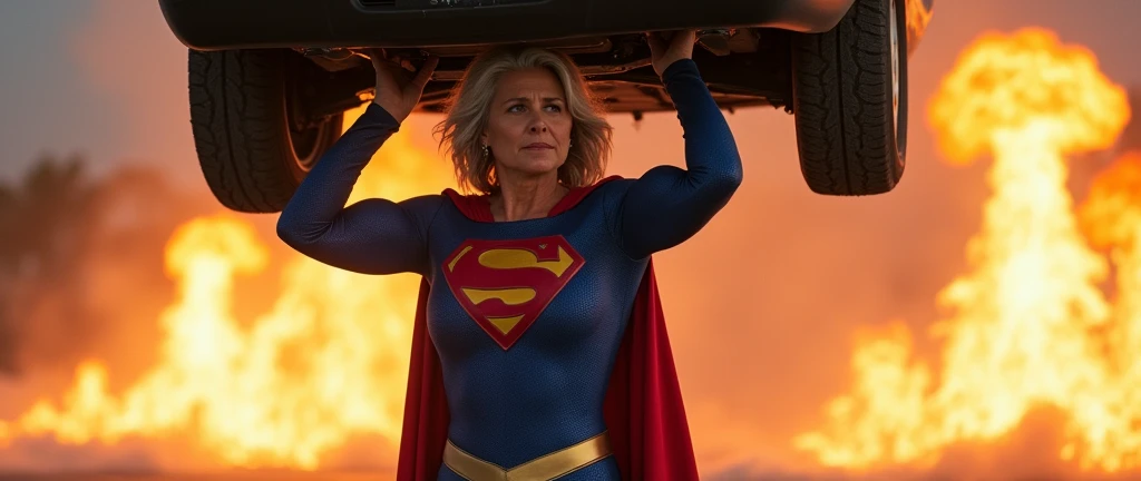 Balas de fogo resvalando no peito da Supergirl(((Supergirl 60years old; black and gray hair))); (((very beautiful old Supergirl (((clothing faithful to 1984 Helen Slater Supergirl movie costume))) confident, powerful, indestructible, attractive; 1.60 tall,...