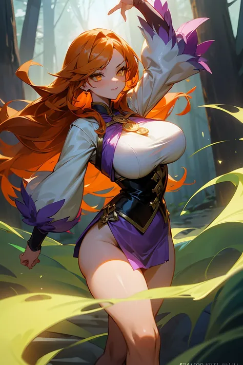 A DnD-inspired anime woman with bear-like features, including a fluffy, warm orange hair that complements her fierce yet adorable appearance.  She is provocative, sexy with big boobs. She has striking yellow eyes that glow with intensity, and she wears a s...