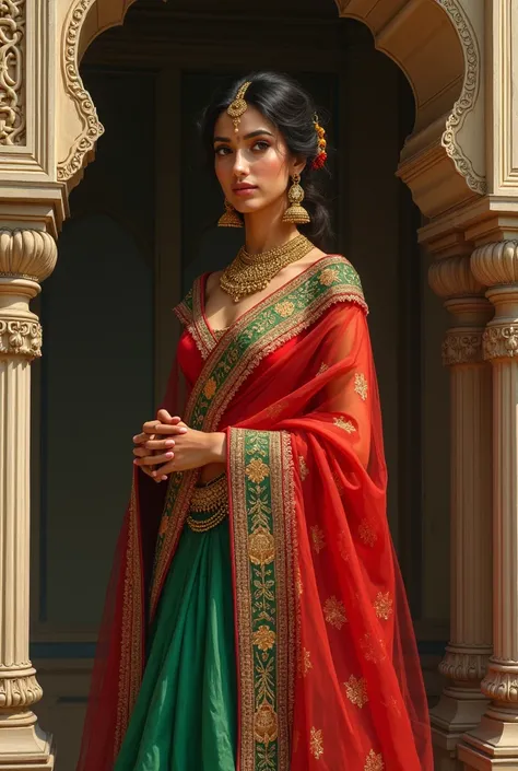 Explore the allure of Indian elegance in this stunning depiction of a woman adorned in a vibrant red and green ensemble....less