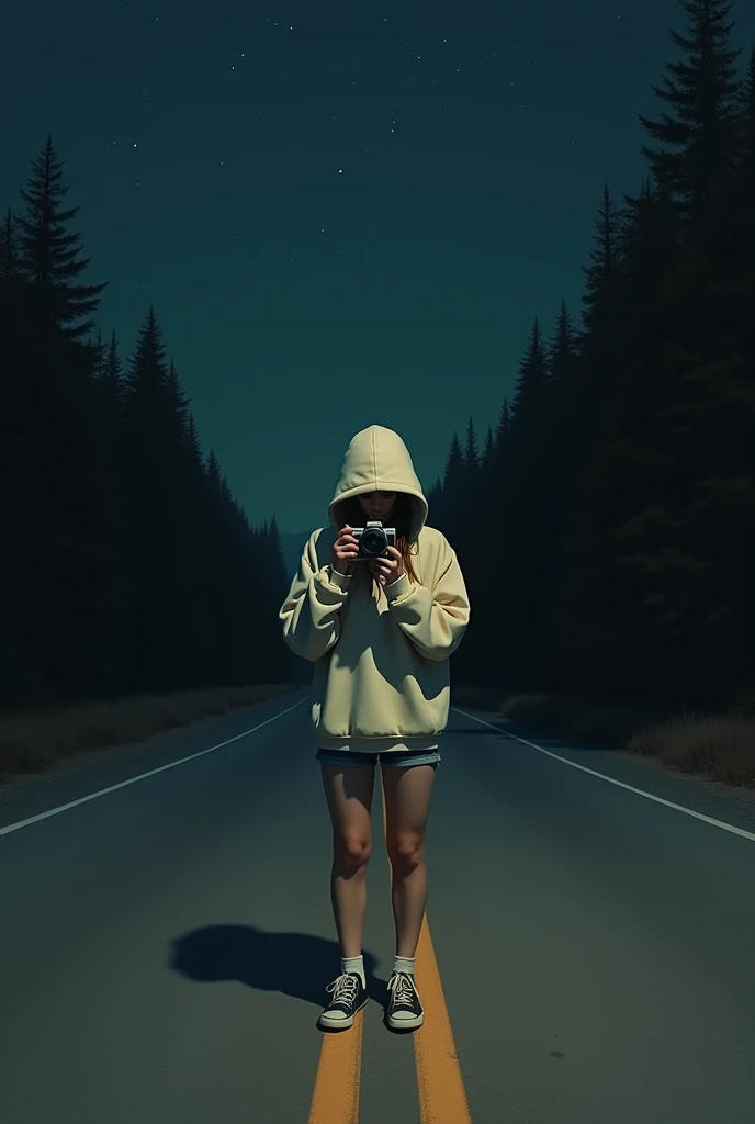 A picture of a girl wearing  hoodie and shorts in the middle of the long empty road at night taking picture of her shoes shes wearing with a Polaroid camera .there are trees on either side of the road
