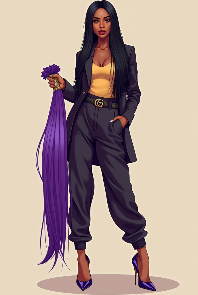 Beautiful American Afro fashion gig hadid  women with long silky straight hair and wear lv designer and wear gg belt and holding purple hair extensions in hand and wear heel and long beautiful nails full image clipart