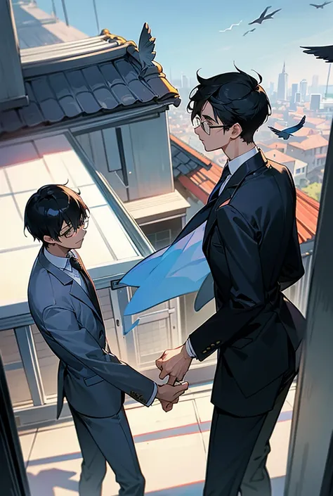 Male, office worker, suit, young people, good-looking guys, black hair, short hair, glasses, boys love, 2men, brothers, company, rooftop, eye contact, eye contact, bird&#39;s-eye view