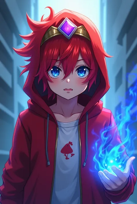 Change my Minecraft skin into anime boy wearing red hoddie and a crown With a small purple stone in the middle  and Red hair and White inner shirt with white chicken logo and Blue fiery right hand and blue eyes 