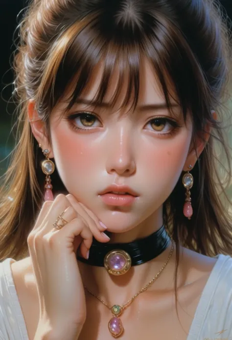 by Noriyoshi Ohrai 
1girl, young, detailed face  
  looking at viewer, blush, bangs,  jewelry,  sweat, earrings,  choker,   
cleavage , hands on face