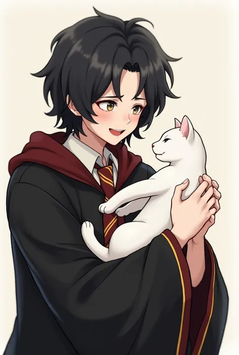 A guy with black wavy hair parted in the middle holds a white cat in his hands and smiles, He is wearing a black robe with a Gryffindor tie 