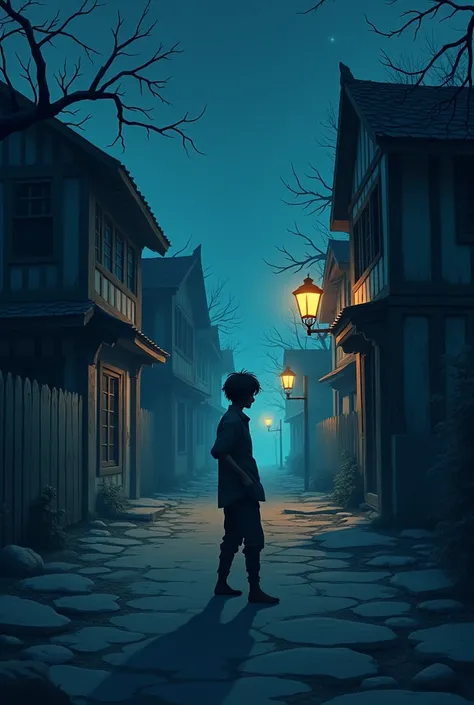 When he turns around, no one is there in village at night photo in cartoon 