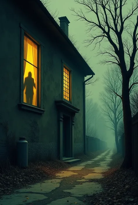 An old house with weathered bricks and tall, narrow windows. In one of these windows, the indistinct silhouette of a figure is visible behind a yellowed curtain, seemingly watching the deserted street below. A supernatural glow illuminates the figure from ...