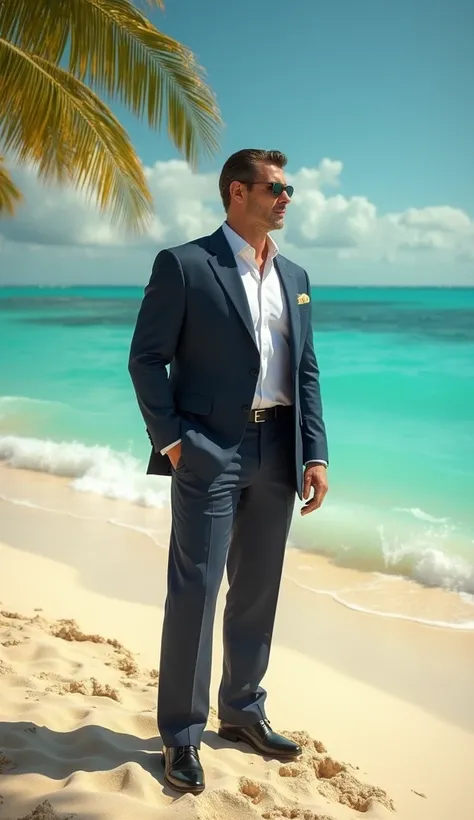 Elegant man on Miami Beach, ultra-realistic, sinematographic image, 4k