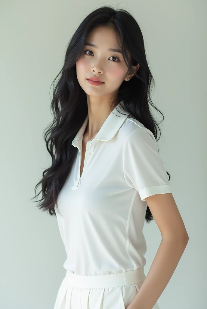 Bergaya photography,beautiful korean women,black hair,ideal body,solid chest,wearing a white tennis polo,wearing a white tennis skirt,best quality 8k hd,detail,photography.