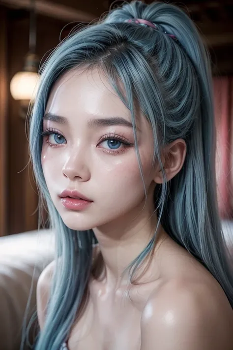 sexy woman, oriental features, long light blue hair, full lips, half pink, long blue eyelashes, skin with small patches of tiny blue scales, full breasts