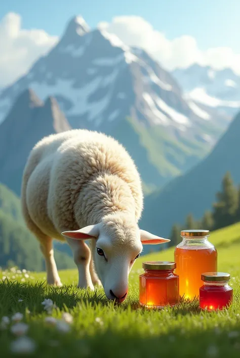 Realistic sheep(not fluffy) licks on the grass with mountains in the background, It is covered with a carpet and there are many jars of jam and preserves nearby 
