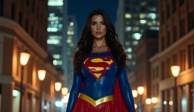 Supergirl frutuando a noite do lado de fora de um prédio comercial de Chicago; very sexy beautiful and strong old Supergirl black/gray hair; very big breasts (((clothing faithful/identical to that of 1984s Helen Slater Supergirl movie costume))); HD. Photo...