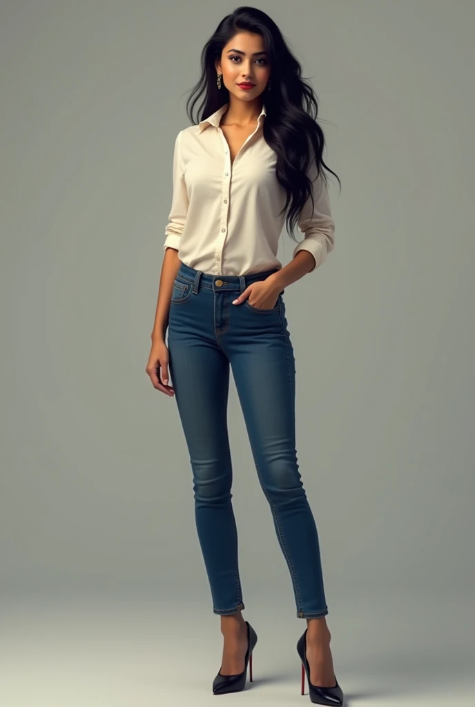 Indian Bhabhi round face in jeans,black heels, shirt