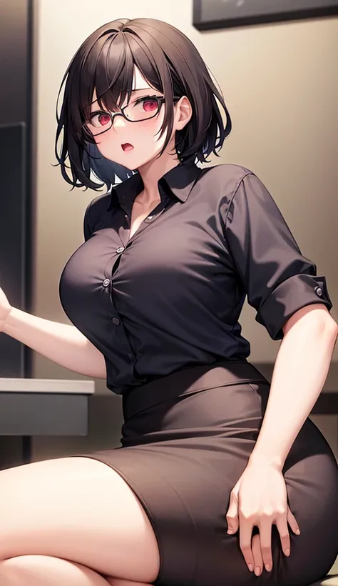 Busty mature woman wearing glasses、Mother、Plain short black hair、A blouse with the buttons undone and a skirt so short that her underwear is visible、Family restaurant、sit facing each other in a box seat、When asked an embarrassing request, her eyes widen in...