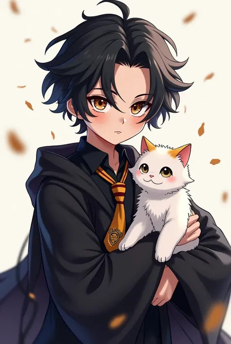 Anime boy with black wavy hair parted in the middle holding a white cat and smirking, squinting at the camera, He is wearing a black robe with a Gryffindor tie 