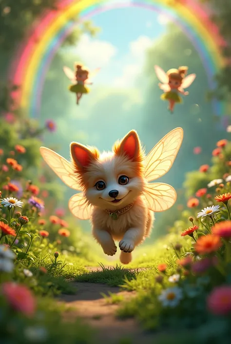   with fairy wings, dog with fairy wings, a rainbow, fairies, garden 