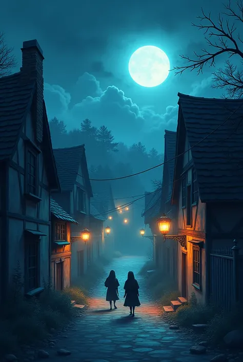 But at every step a cry was heard in village at night photo in cartoon 