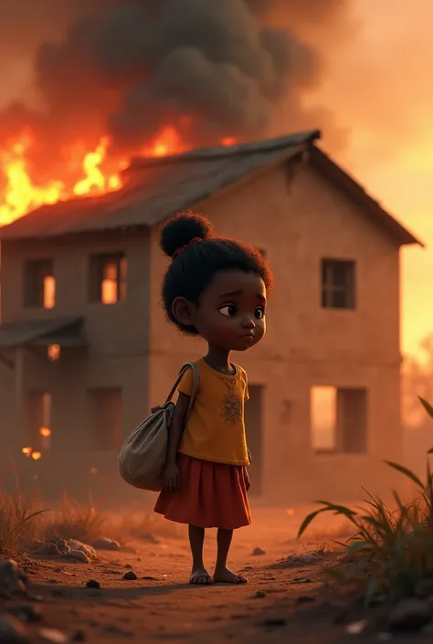 A Pixar photo of a young African girl carrying a bag standing while her back is facing a house on fire 