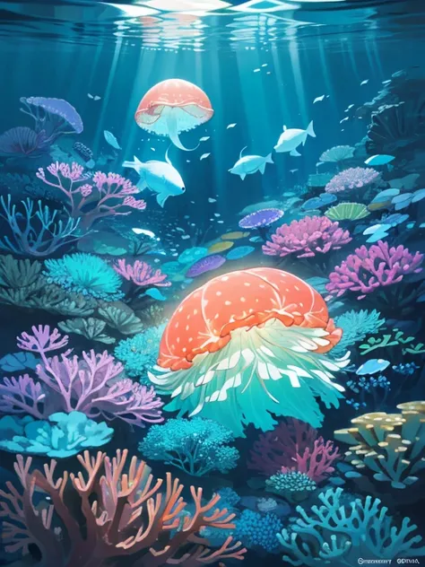 **Prompt:**  
In the vibrant underwater world, a group of jellyfish float gracefully with their translucent, glowing tentacles trailing behind them. Below, colorful coral reefs teem with life, their intricate structures providing shelter for schools of bri...